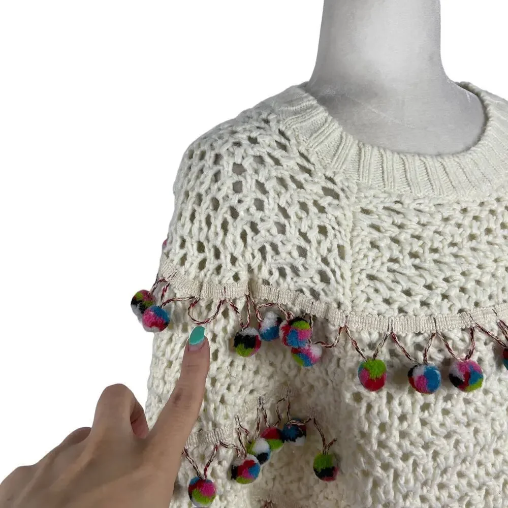 Zara Knit Chunky Pom Pom Oversized Jumper Sweater Size Small Cream